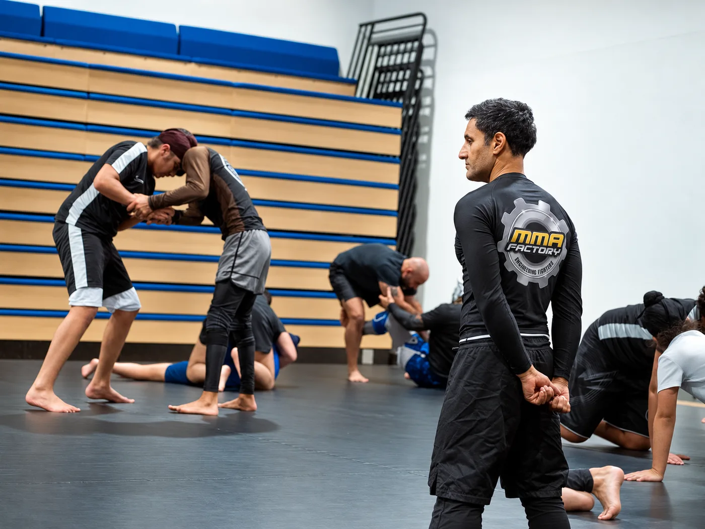 MMA Factory coach watching students drill wrestling
